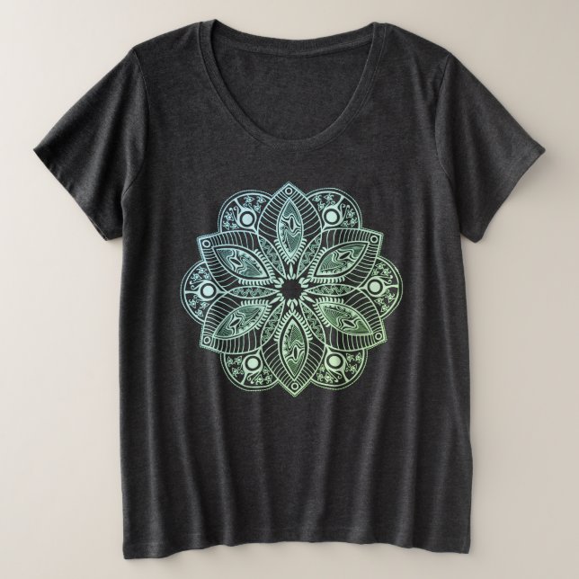 Camiseta Plus Size Mandala Verde Tribal Exótica (Frente do Design)