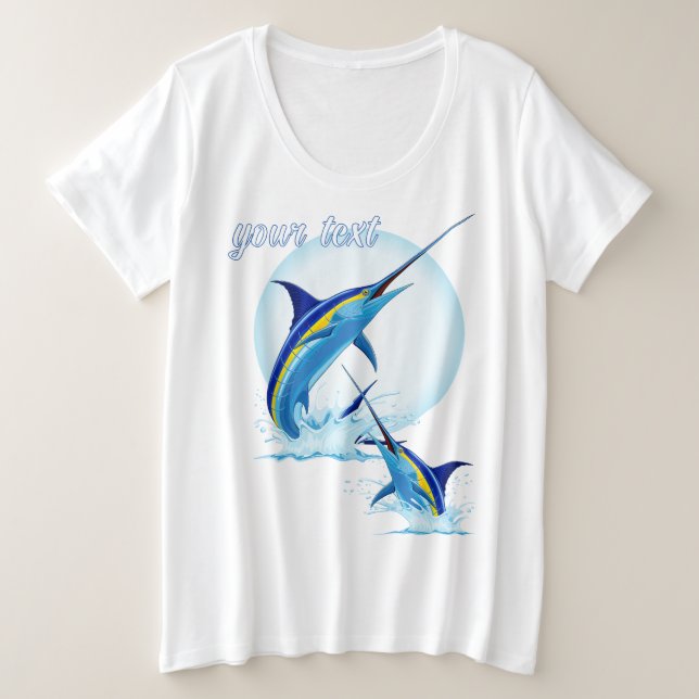 Camiseta Plus Size Marlin Azul Saltando do Oceano (Frente do Design)