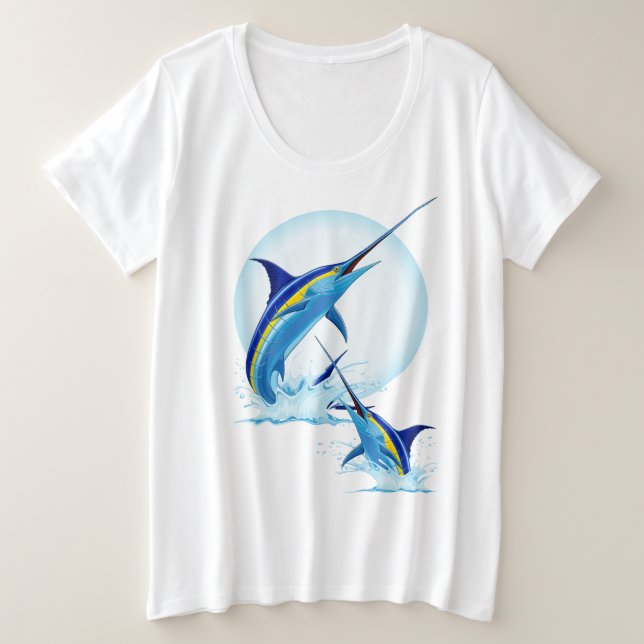Camiseta Plus Size Marlin Azul Saltando do Oceano (Frente do Design)