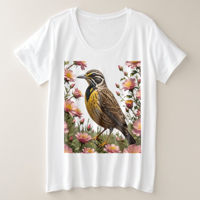 Camiseta Plus Size Meadowlark Ocidental Comum Cercada Por Prairie (Frente do Design)