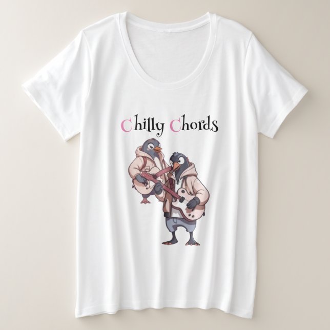 Camiseta Plus Size Melódico Waddle: Pinguins tocam violão (Frente do Design)