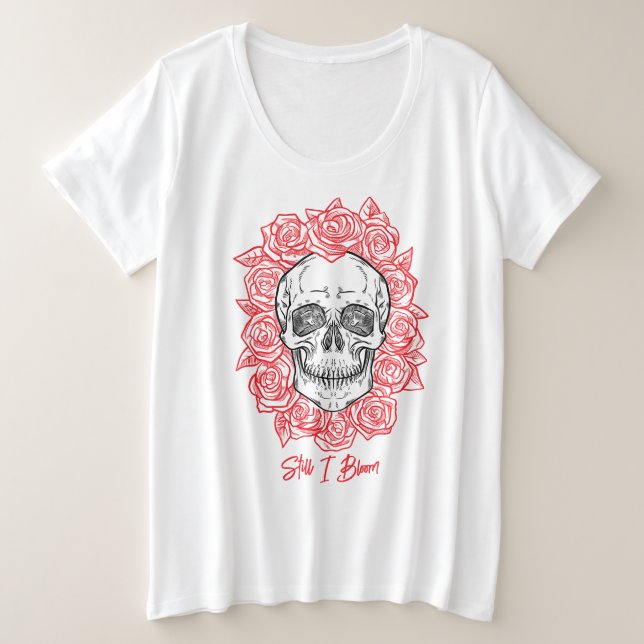Camiseta Plus Size Memento Mori! Caveira e Rosas, Desenho Mão (Frente do Design)