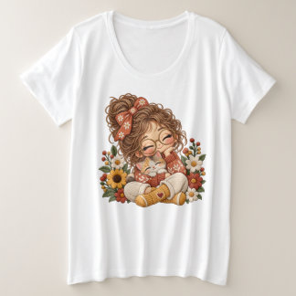 Camiseta Plus Size Menina Chibi Fofa e Gatinho no Estilo de Bordado F