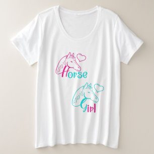 Camiseta Plus Size Menina de Cavalo em Rosa e Turquesa