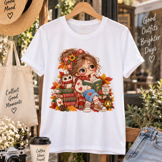 Camiseta Plus Size Menina Fofoqueira do Outono Lendo Livros Ilustraçã