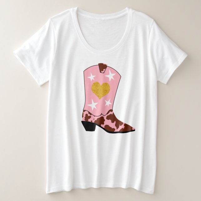 Camiseta Plus Size Moderna Mulher Rosa Cowgirl Western Boot (Frente do Design)