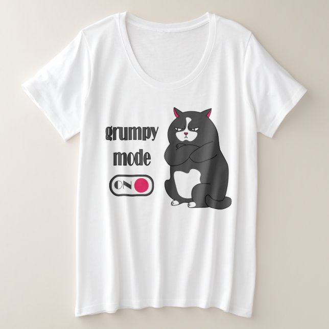 Camiseta Plus Size Modo rabugento em gato gordo engraçado (Frente do Design)