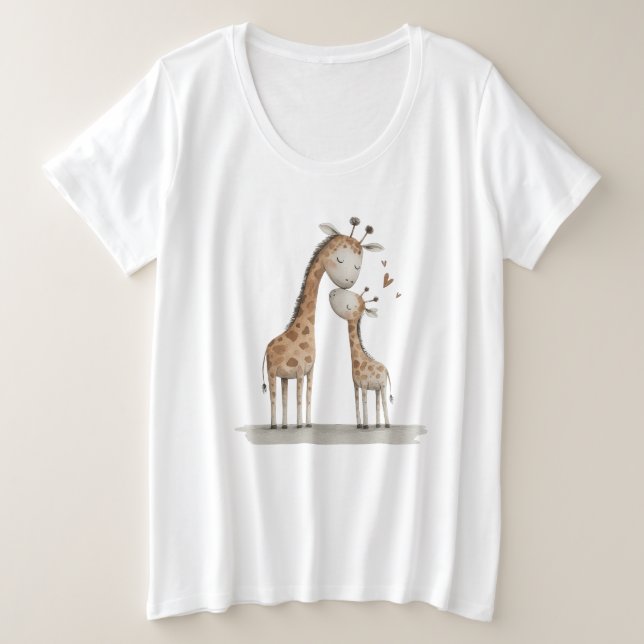 Camiseta Plus Size Mom & Baby Giraffe Cute Illustration (Frente do Design)