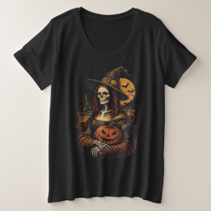 Camiseta Plus Size Mona Lisa Esqueleto Arte Gótica de Halloween