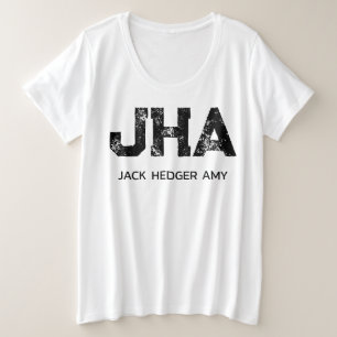 CAMISETA PLUS SIZE MONOGRAMA MINIMALISTA PRETO DE TRÊS LETRAS NOME BR