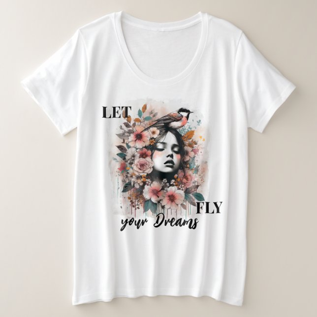 Camiseta Plus Size Motivational Woman with Flowers and Bird Design (Frente do Design)