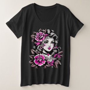 Camiseta Plus Size Mulheres Plus Size Estilo Tatuagem Mulher com Rosa