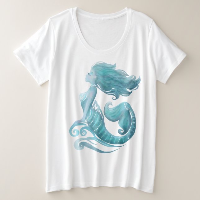 Camiseta Plus Size na moda de aquarela de sereia (Frente do Design)