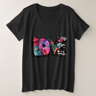Camiseta Plus Size Namorados abstrato Love Word Grafite Floral Cor-de