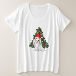 Camiseta Plus Size Natal Maltês, Xmas Maltês Cachorro com chapéu de P