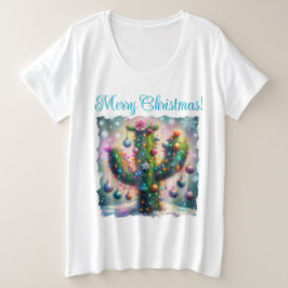 Camiseta Plus Size Natal Saguaro Cactus Whimsical Snowflakes Teal