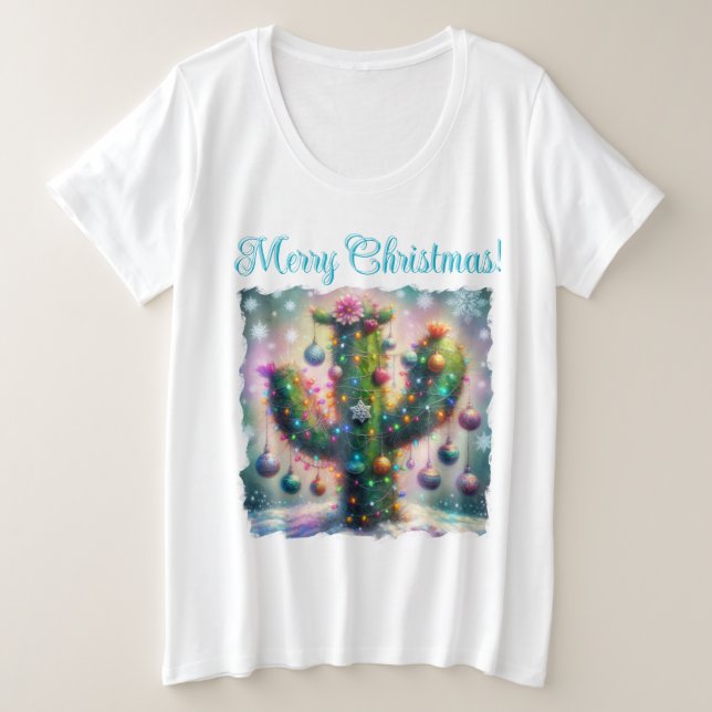 Camiseta Plus Size Natal Saguaro Cactus Whimsical Snowflakes Teal (Frente do Design)