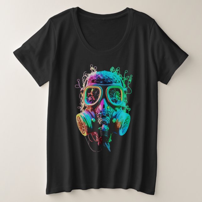 Camiseta Plus Size Neon Gas Mask: Vibrant Chaos Art (Frente do Design)