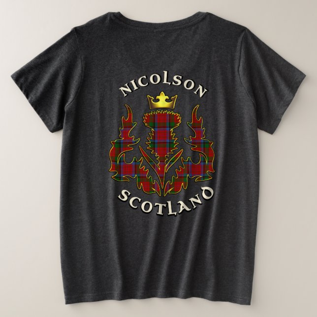 Camiseta Plus Size Nicolson Clan Crachá & Tartan com Motto Mulheres (Verso do Design)
