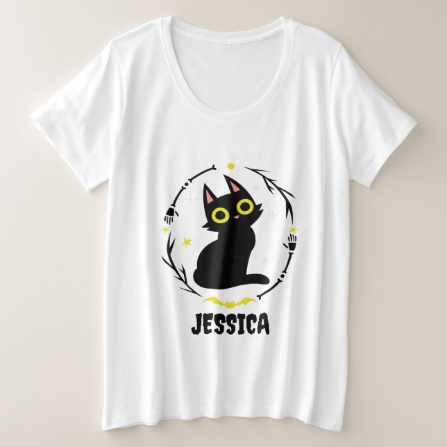 Camiseta Plus Size Nome de Gato Negro - Gato Halloween (Frente do Design)