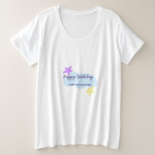 Camiseta Plus Size Nuvens azul pastel estrelas roxo feliz aniversário