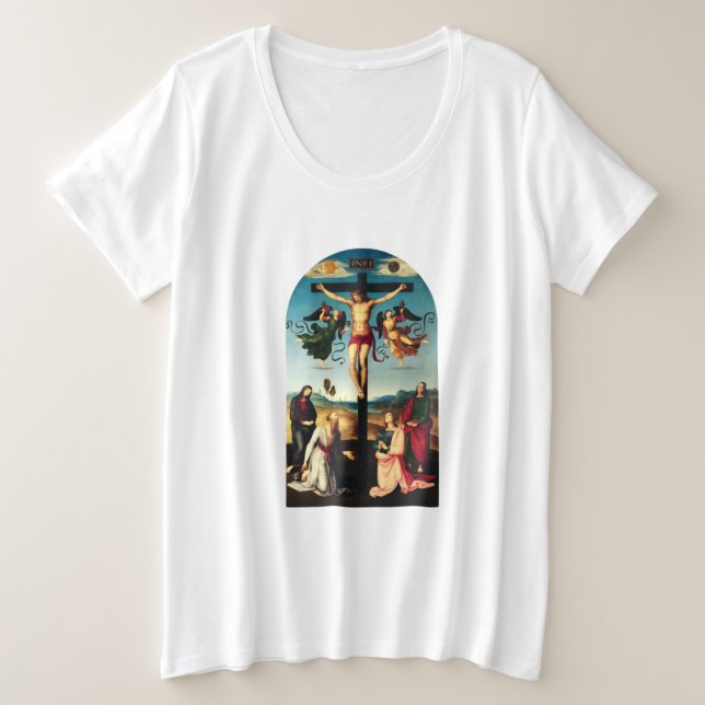 Camiseta Plus Size O Cristo Crucificado com a Virgem Maria (Frente do Design)