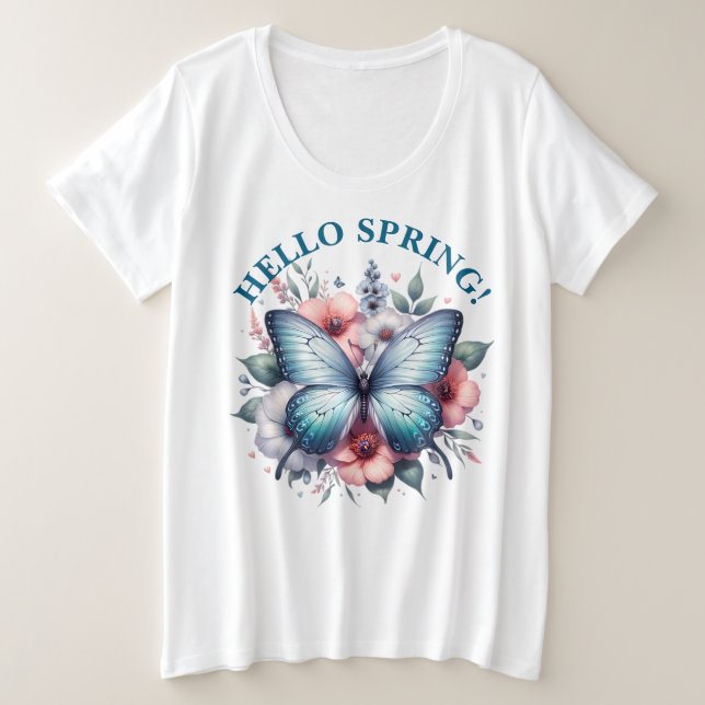 Camiseta Plus Size Olá Borboleta da Primavera-96282 (Frente do Design)