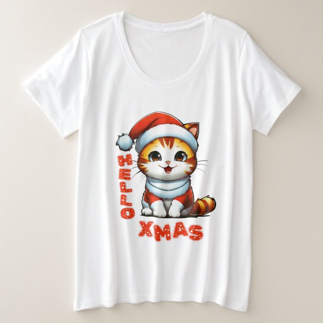Camiseta Plus Size Olá, Natal - Gato de Natal bonito numa fantasia de (Frente do Design)