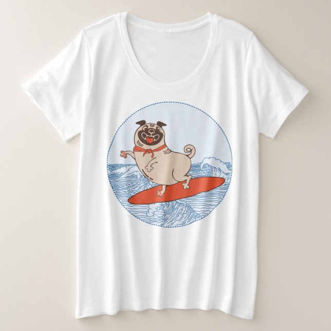 Camiseta Plus Size Onda montando cachorro feliz no surfboard (Frente do Design)