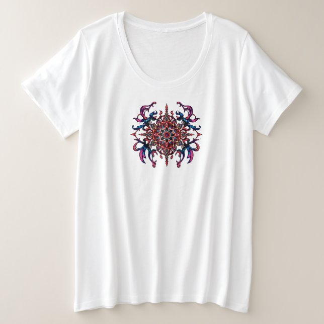Camiseta Plus Size Ornamentado Mandala com Detalhes do Intruso (Frente do Design)