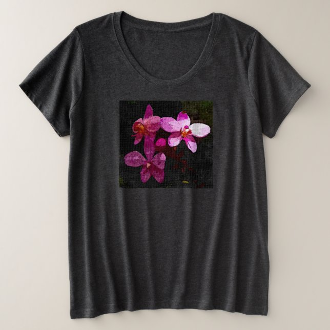 Camiseta Plus Size Orquídeas Roxas, de tamanho mais feminino (Frente do Design)
