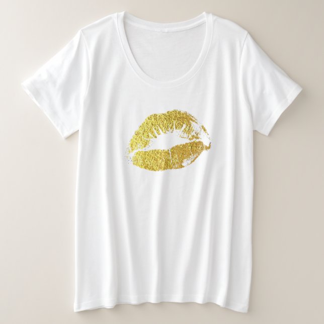 Camiseta Plus Size ouro. lábios dourados falsos (Frente do Design)
