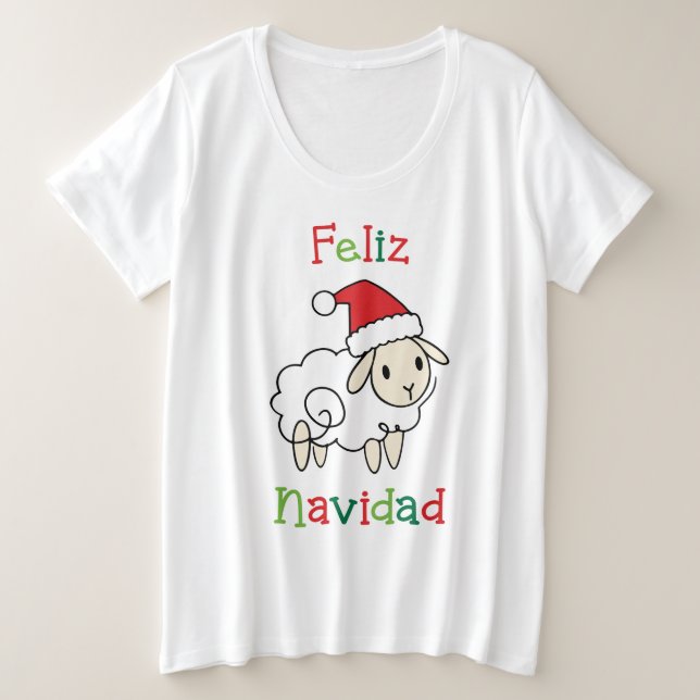 Camiseta Plus Size Ovelha de Natal Fofa – Feliz Navidad (Frente do Design)