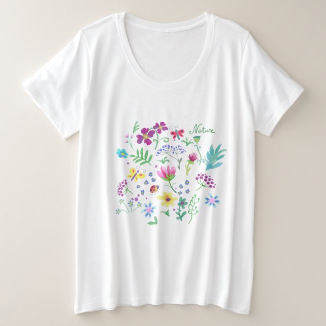 Camiseta Plus Size Padrão botânico floral (Frente do Design)