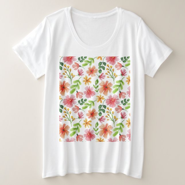 Camiseta Plus Size Padrão de Flores Rosa em Aquarela (Frente do Design)