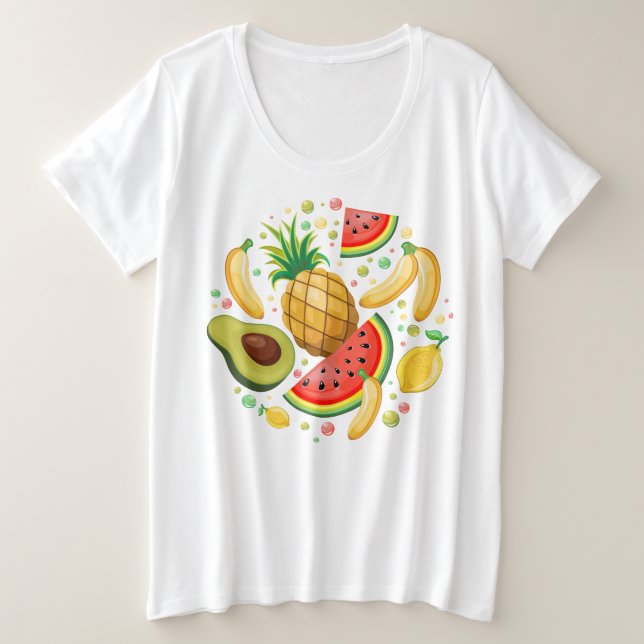 Camiseta Plus Size Padrão de Frutas de Verão Fresco (Frente do Design)