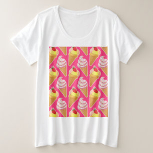 Camiseta Plus Size Padrão rosa Kawaii com sorvete de morango