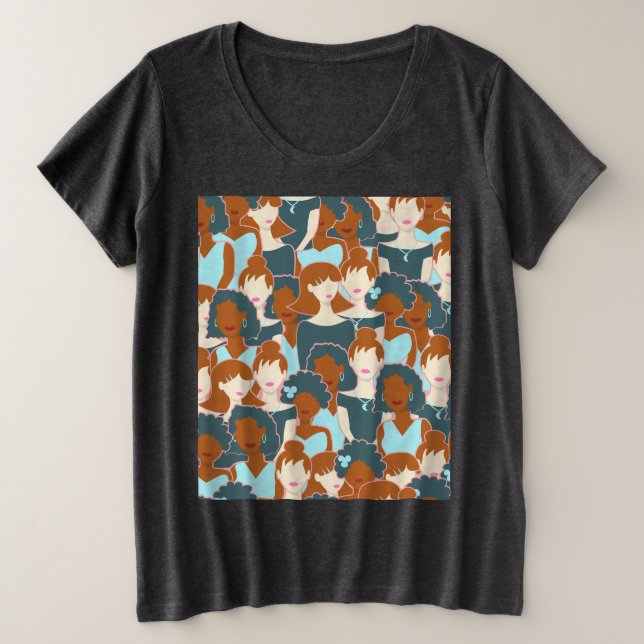 Camiseta Plus Size Padrão sem costura com garotas negras e brancas (Frente do Design)