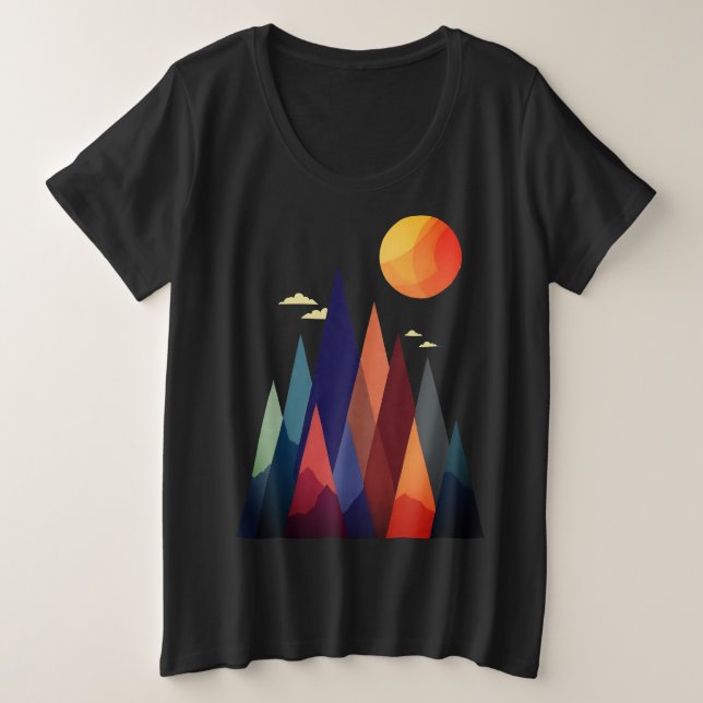 Camiseta Plus Size Paisagem com Montanhas e Sol (Frente do Design)