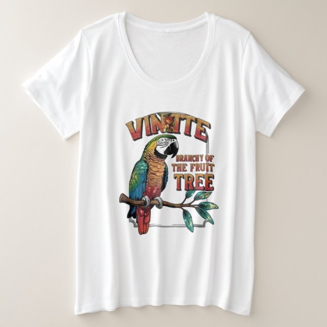 Camiseta Plus Size Papagaio no Paraíso em Ramal de Fruta (Frente do Design)