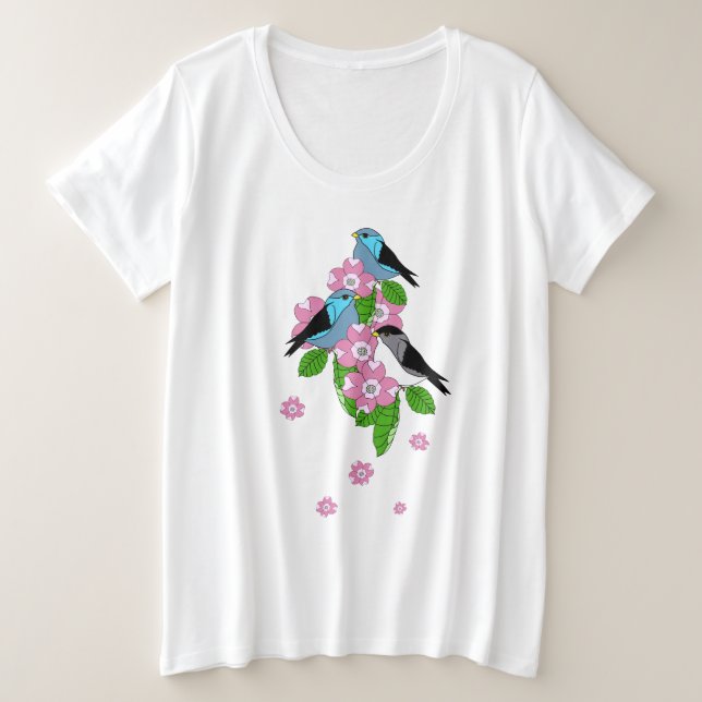 Camiseta Plus Size Pássaro azul, flores primavera, apenas na frente (Frente do Design)