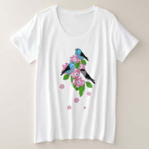 Camiseta Plus Size Pássaro azul, flores primavera, da frente e do ver