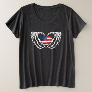 Camiseta Plus Size Patriótico Skeleton Heart America Flag Halloween p