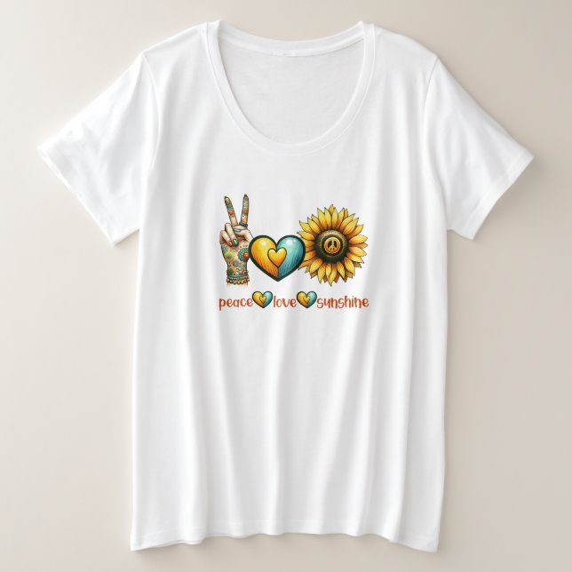 Camiseta Plus Size Paz Amor Sunshine (Frente do Design)