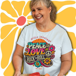 Camiseta Plus Size Peace Love RocknRoll Retro 70s Vintage Psychedelic