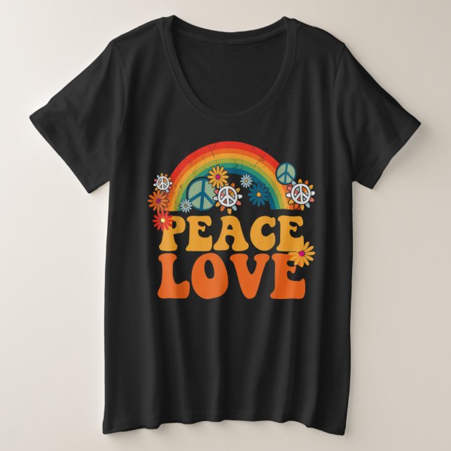 Camiseta Plus Size PEACE SIGN LOVE 60s 70s Tie Dye Hippie (Frente do Design)