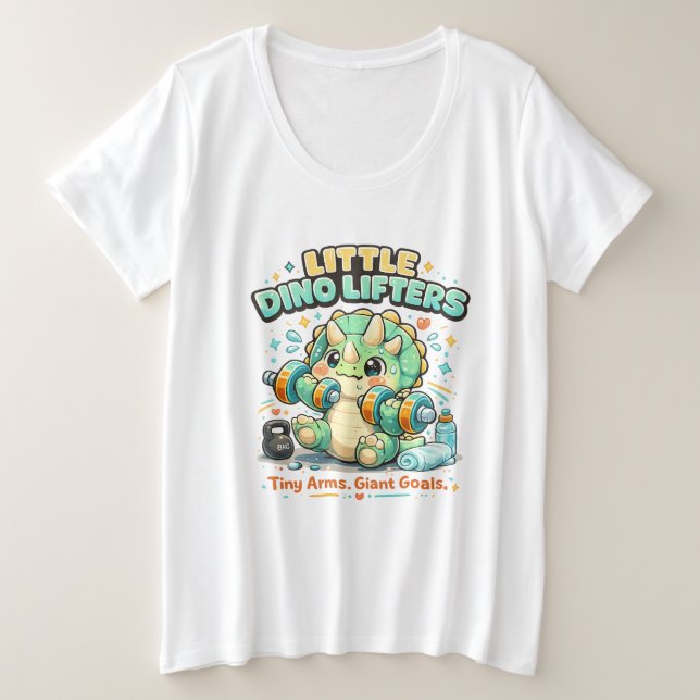 Camiseta Plus Size Pequenos Levantadores de Dinossauros 8KG | Braços  (Frente do Design)
