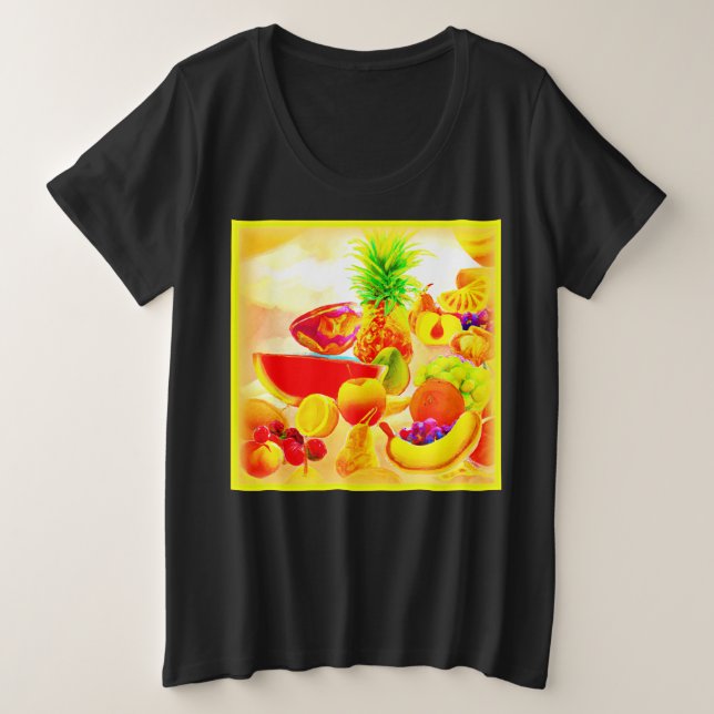 Camiseta Plus Size Pintura de Frutas Tropicais exótica. Compre agora (Frente do Design)