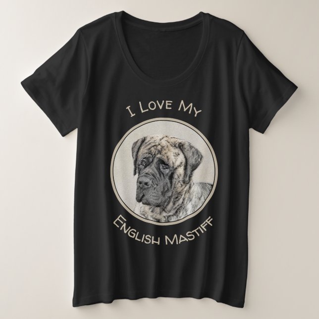 Camiseta Plus Size Pintura do Mastiff Inglês (Brindle) - Arte Canina (Frente do Design)