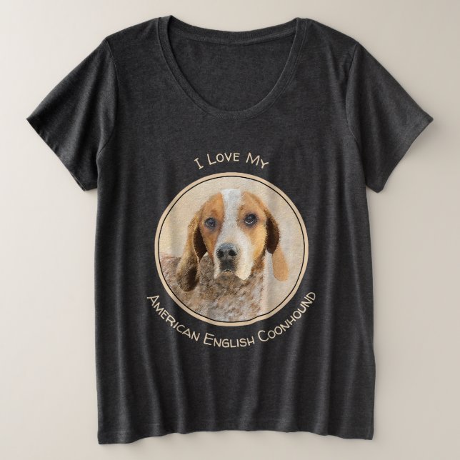 Camiseta Plus Size Pintura em Coonhound Inglês Americano - Arte Canin (Frente do Design)